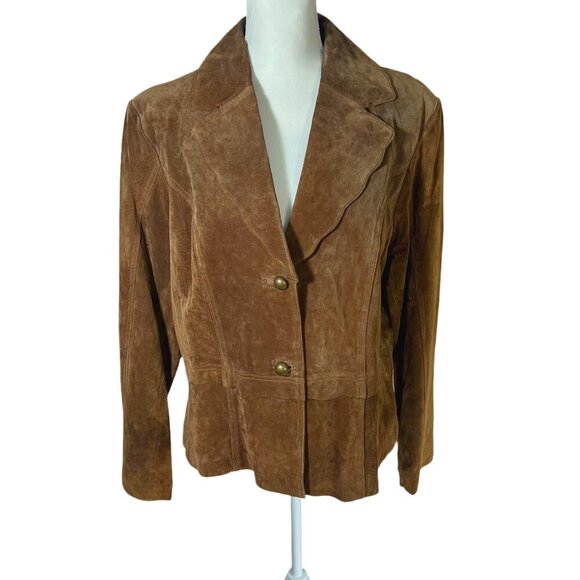 Coldwater Creek Brown Leather Blazer Brass Buttons Women's Size XL - Picture 1 of 9